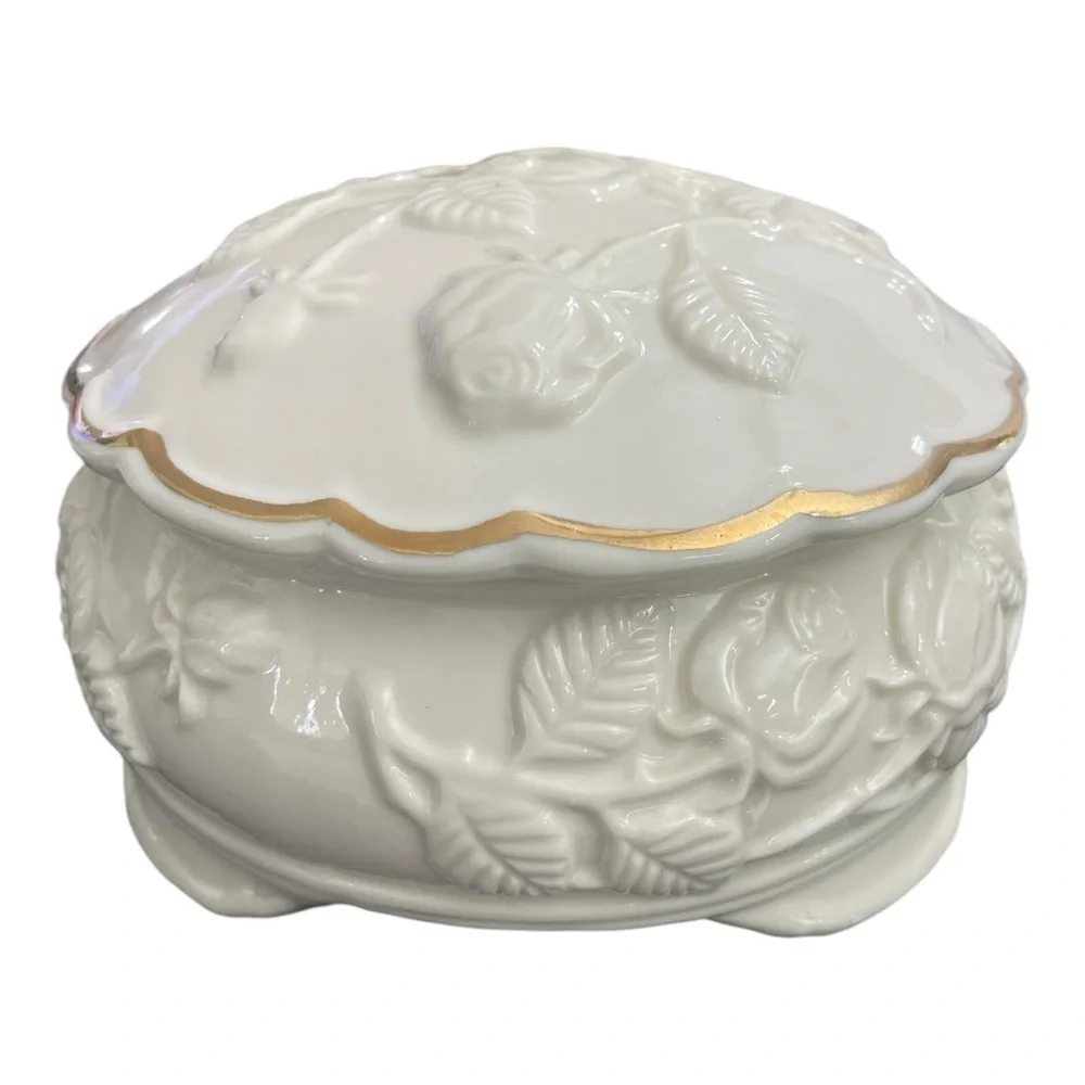 Bisque Porcelain Raised Rose Pattern Gold Trimmed Storage Box Footed